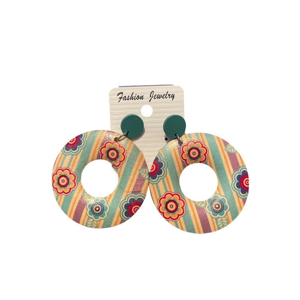 FASHION JEWELRY CIRCLE PLASTIC EARRING WITH FLOWERS AND STRIPES